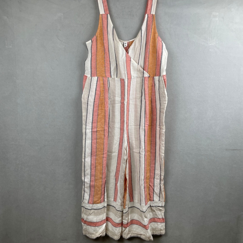 BP. Women Striped‎ Linen Blend Wide Leg Cropped Jumpsuit Coral Mustard Small NEW